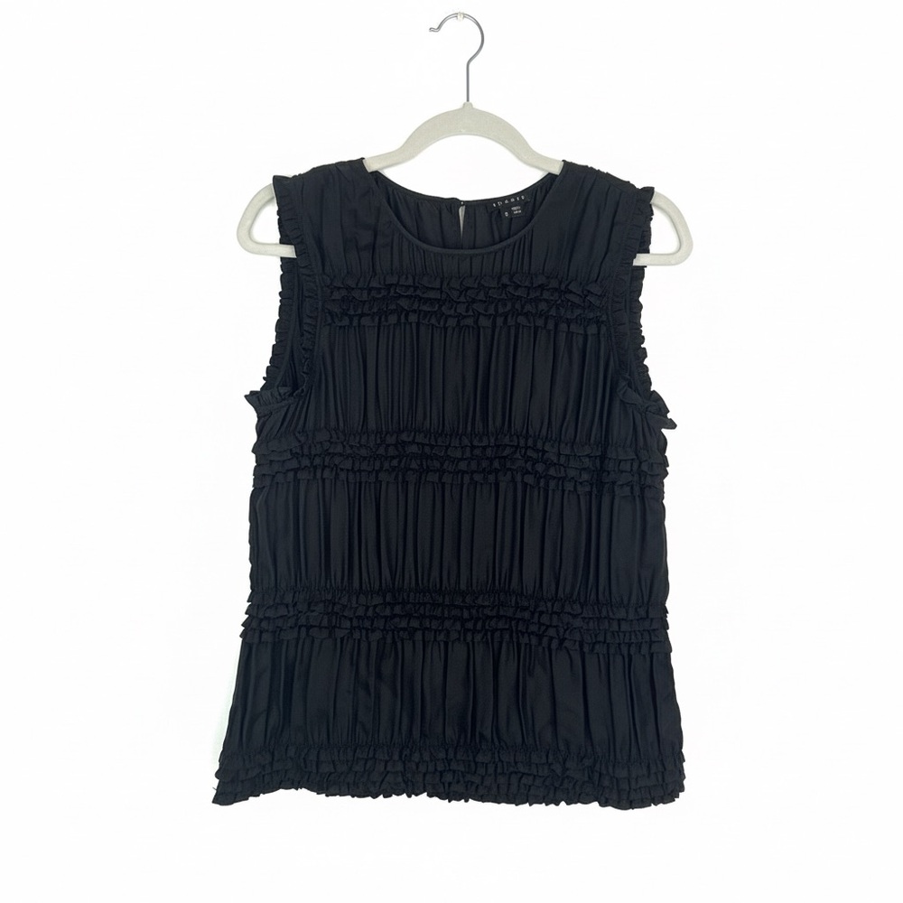 Theory Black Sleeveless Ruffled Pleat-Effect Blouse